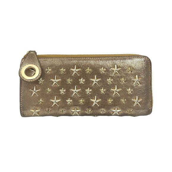 Jimmy Choo Long Wallet Gold Metallic Leather Star Studs Iconic !!! - Picture 2 of 10